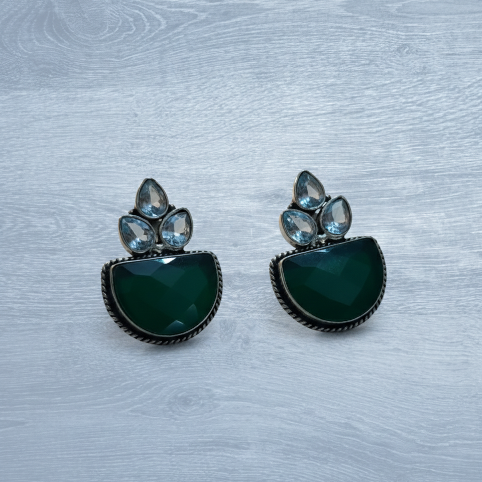 Green & White Oxidised Stone Drop Earrings