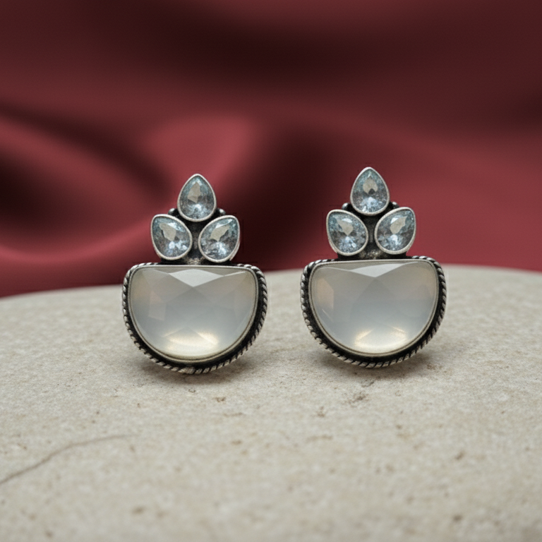 White & Silver Oxidised Stone Drop Earrings