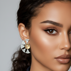 Woman wearing a lotus shape intricate stone setting and antique finish.