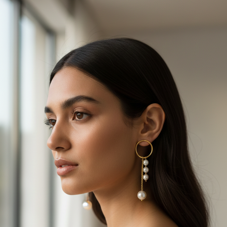Woman wearing High Low Beaded Earrings