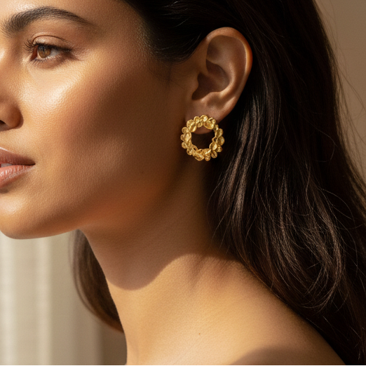 Woman wearing contemporary gold petal hoop earrings