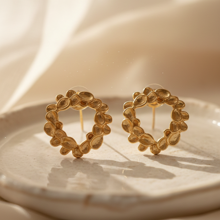 Close-up of contemporary gold petal hoop earrings