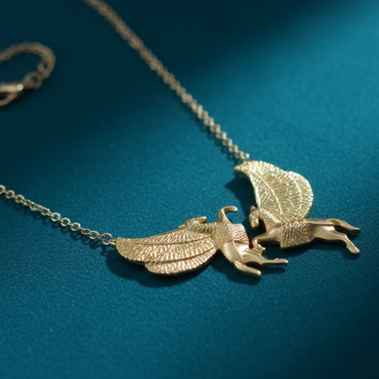 Gold necklace with a pendant on a blue background