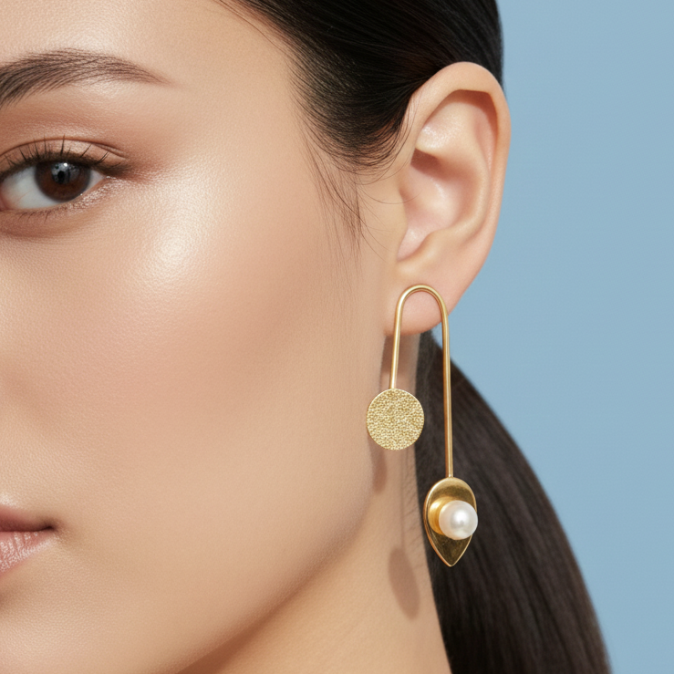 Close-up of a woman wearing elegant inverted U gold earrings.