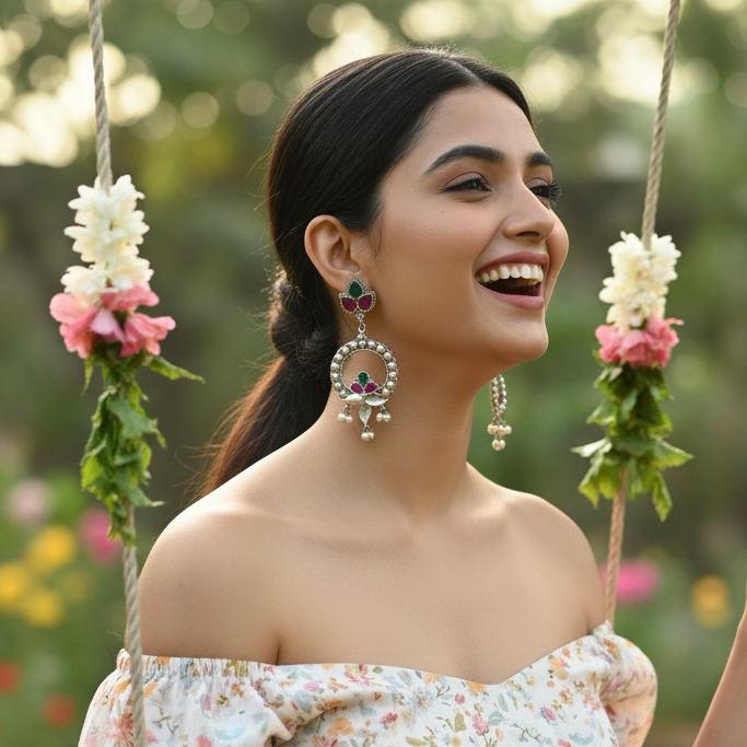 Woman in a floral dress wearing oxidized statement earrings showing intricate detailing and secure stone settings.