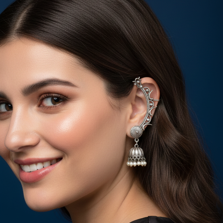 Woman wearing Oxidized Silver Earcuffs with Jhumki