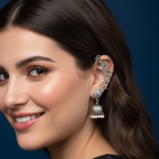 Woman wearing Oxidized Silver Earcuffs with Jhumki