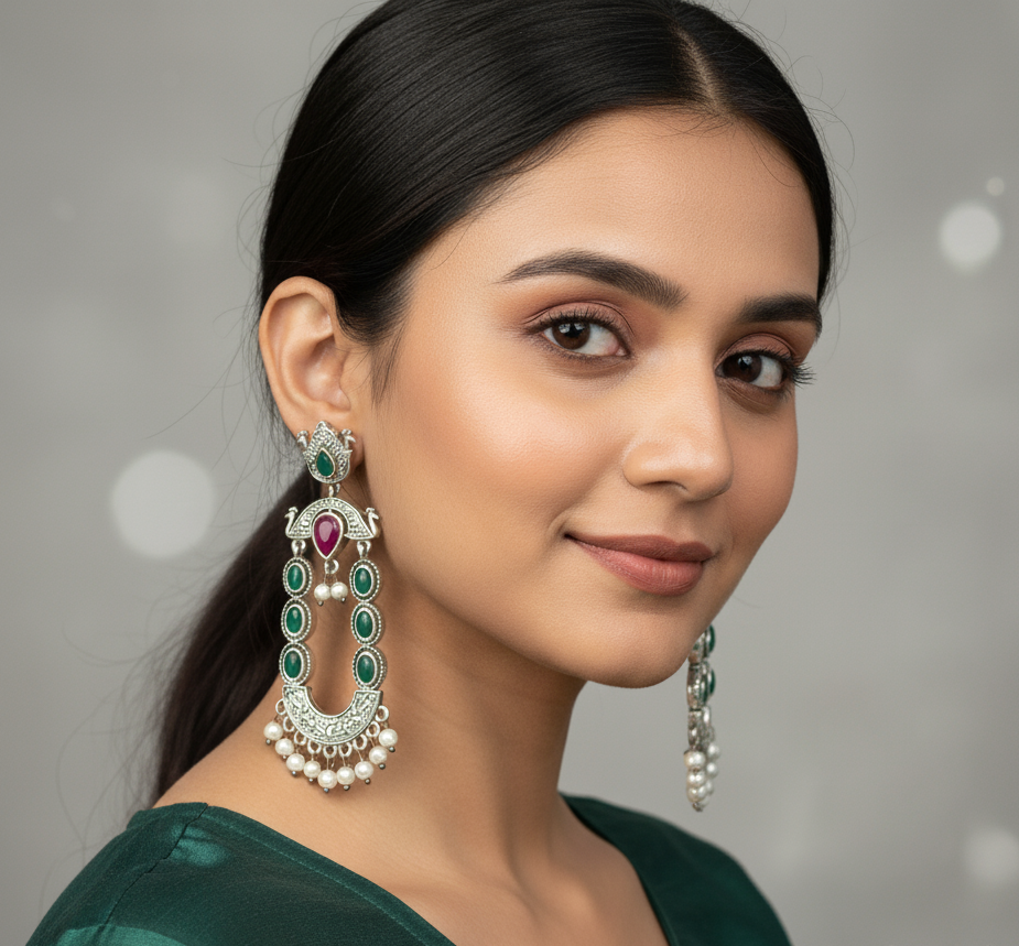Green & pink kundan peacock design drop & dangle earrings from Jaipur