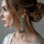 Woman wearing handcrafted oxidised earrings with a long, layered design.