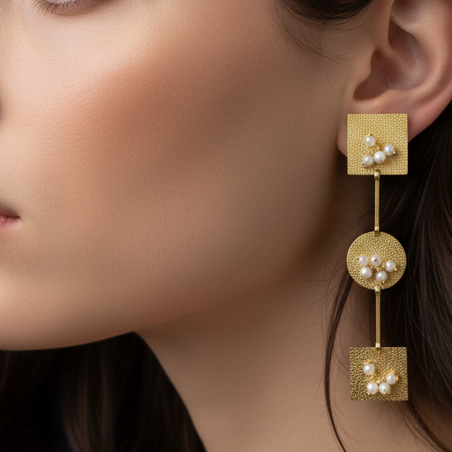 Close-up of a woman wearing Elegant pearl gold drop earrings, perfect for office and everyday wear.