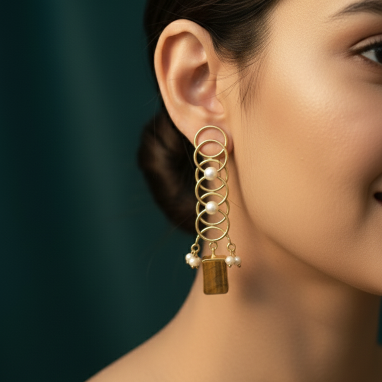 Close-up of a woman wearing elegant long hanging stone earrings for women, perfect for office and party wear.
