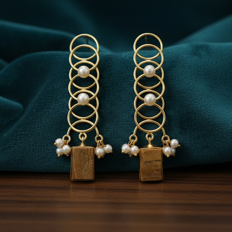 Gold earrings with pearls on a dark blue fabric background