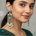 Woman wearing Green & Pink Kundan Drop Earrings