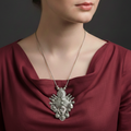 Woman wearing a red top and a Maa Durga Antique Silver Pendant Set