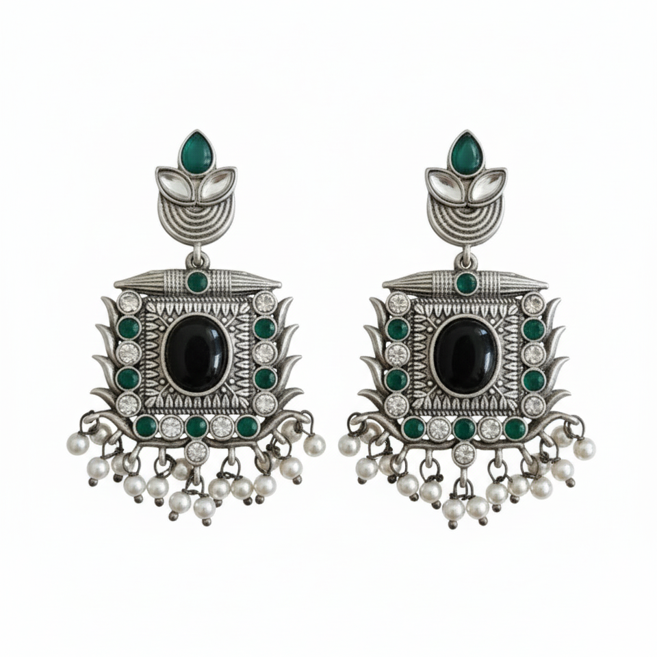 Majestic Silver Oxidised Stones & Pearls Dangle Earrings -Traditional Earrings,OS00017