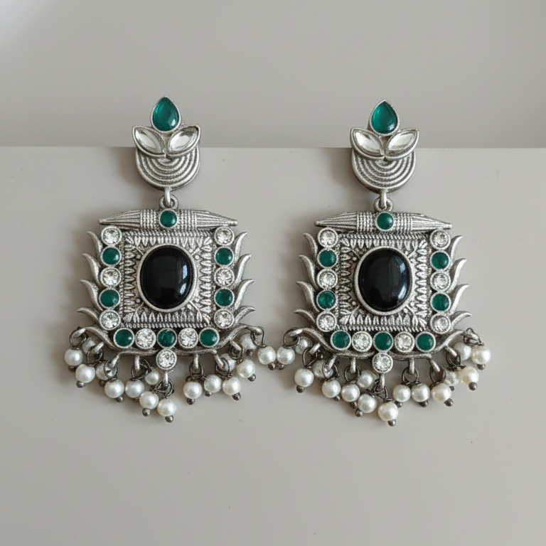 Majestic Silver Oxidised Stones & Pearls Dangle Earrings -Traditional Earrings,OS00017