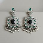 Majestic Silver Oxidised Stones & Pearls Dangle Earrings -Traditional Earrings,OS00017