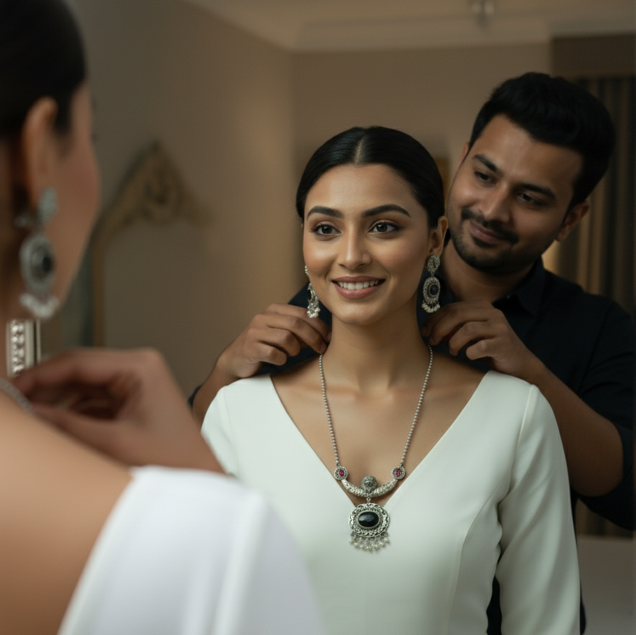 Woman wearing a matar mala necklace and earrings, smiling as a man adjusts the necklace.