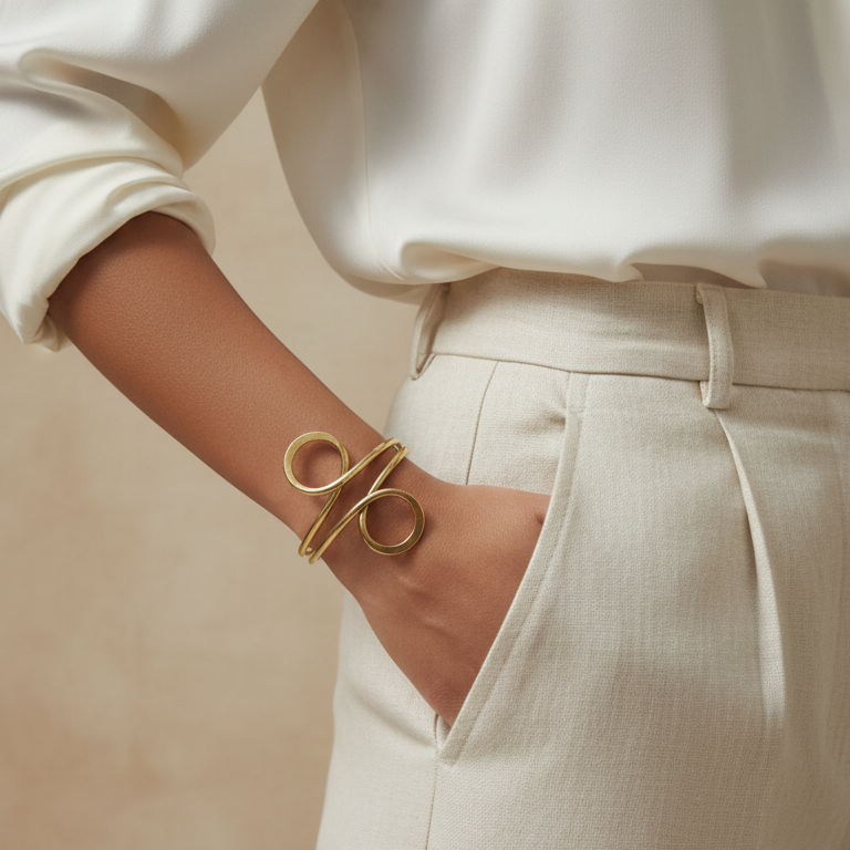 Person wearing a white outfit with  minimalist statement bracelet.