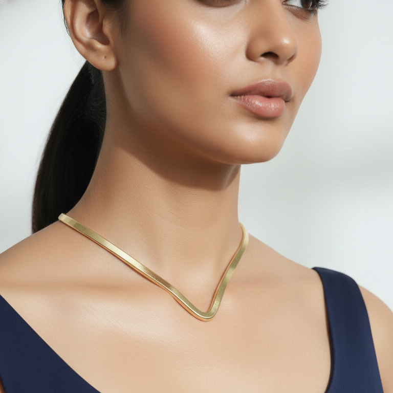 A model wearing Modern Gold Hasli Necklace, everyday wear minimalist necklace .