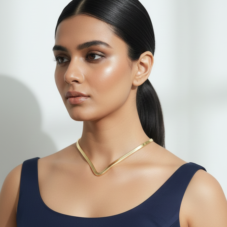 Woman wearing a navy blue dress with a minimalist gold hasli on a white background
