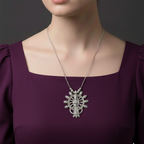 Woman wearing a purple dress with Durga Maa Pendant showcasing intricate details and in oxidised silver finish.