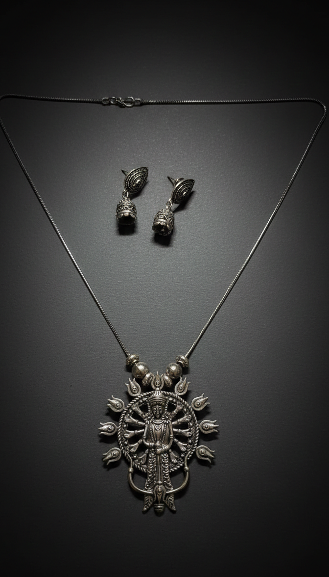 Durga Maa Pendant showcasing intricate details and oxidised silver finish.