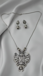 Durga Idol Pendant Set with in oxidised silver finish.