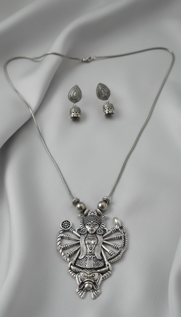 Durga Idol Pendant Set with in oxidised silver finish.