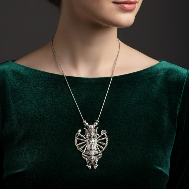 Woman wearing a green dress with Durga Idol Pendant Set with in oxidised silver finish.