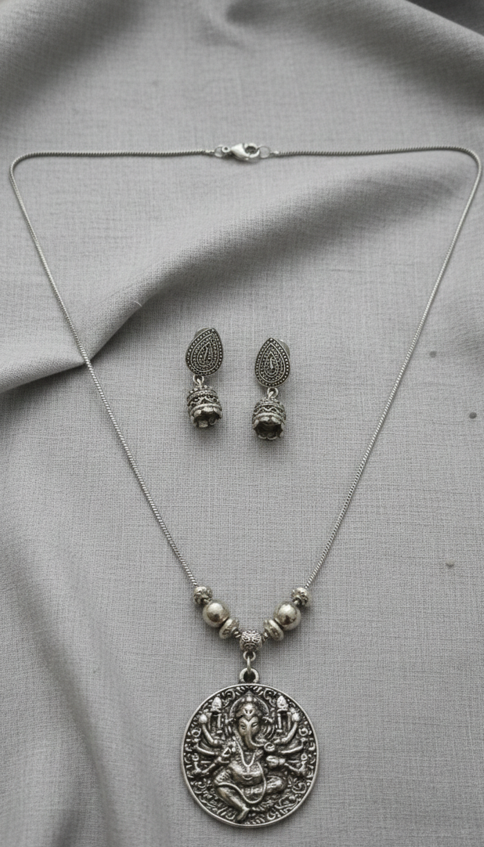 Ganesha Pendant Set with Silver Oxidised Finish