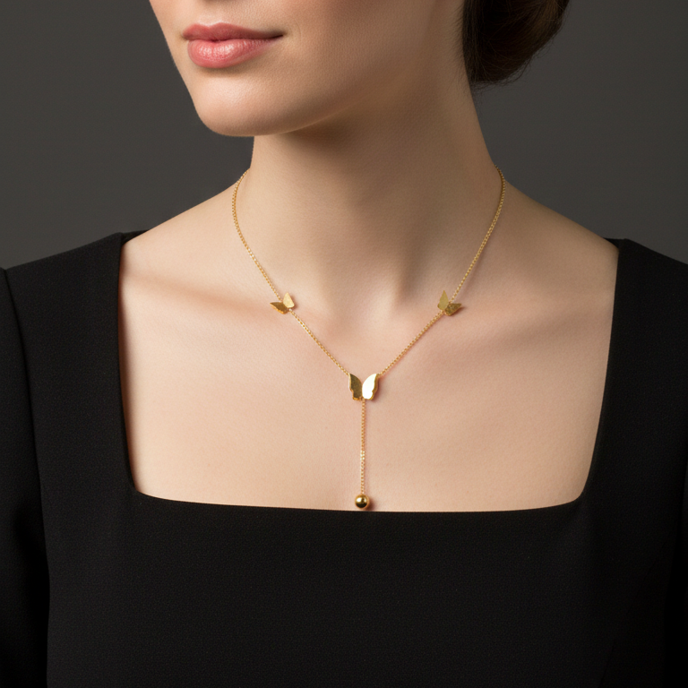 A woman wearing gold plated butterfly pendant necklace, for professional women