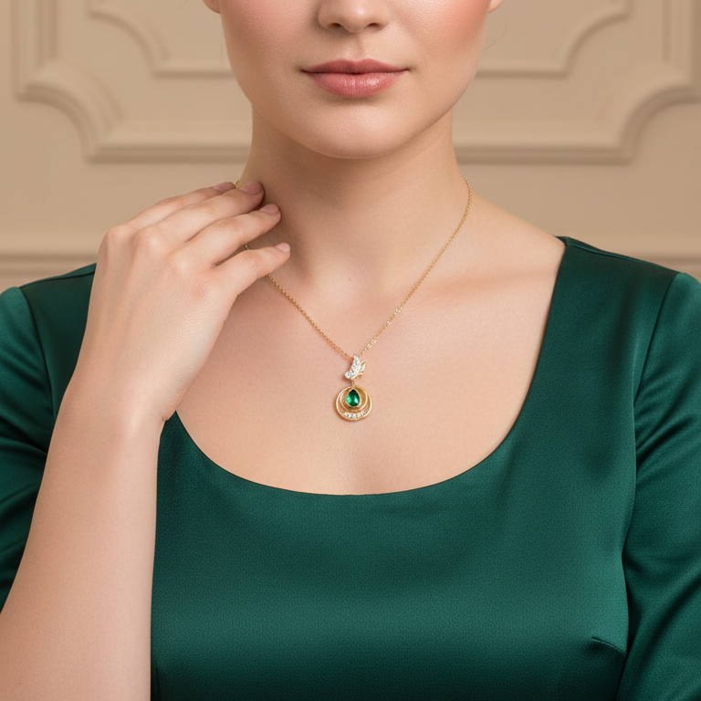 Woman wearing an elegant gold chain pendant for women, perfect for office wear
