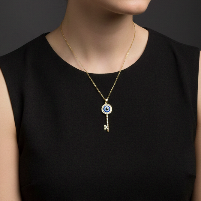 Woman wearing a gold Evil Eye pendant with intricate detailing.