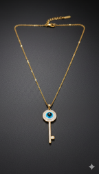 Close-up of a gold Evil Eye pendant with intricate detailing.