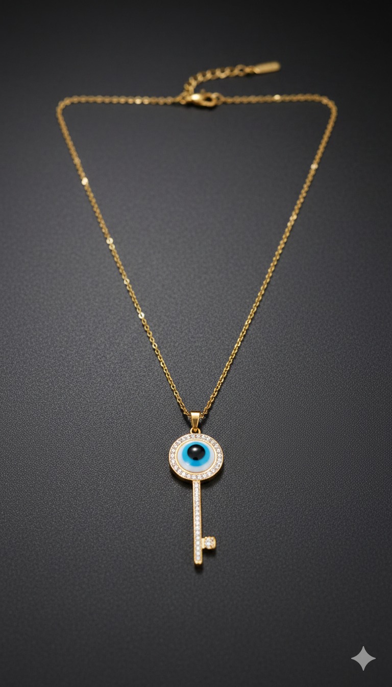 Close-up of a gold Evil Eye pendant with intricate detailing.