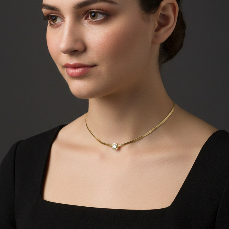 Woman wearing a gold necklace against a dark background