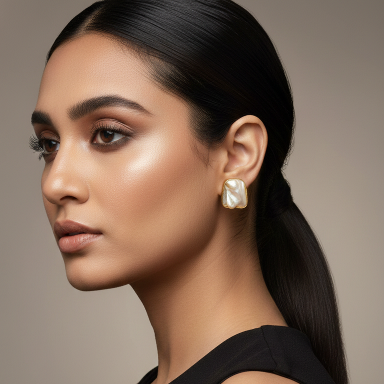 Woman wearing a Natural Stone Stud Earrings in Gold