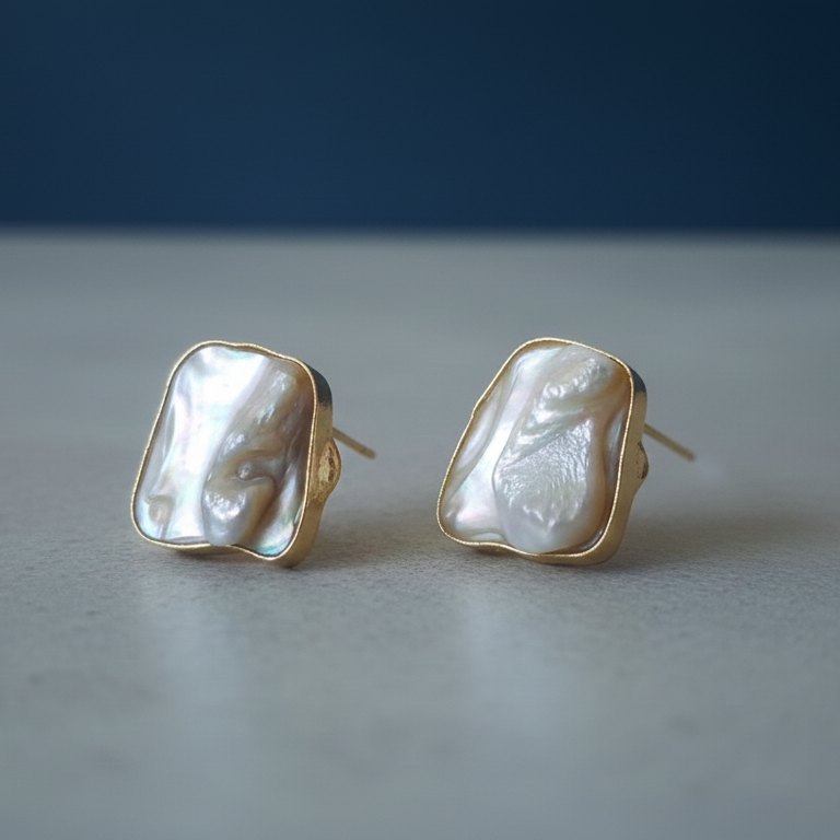 Natural Stone Stud Earrings in Gold