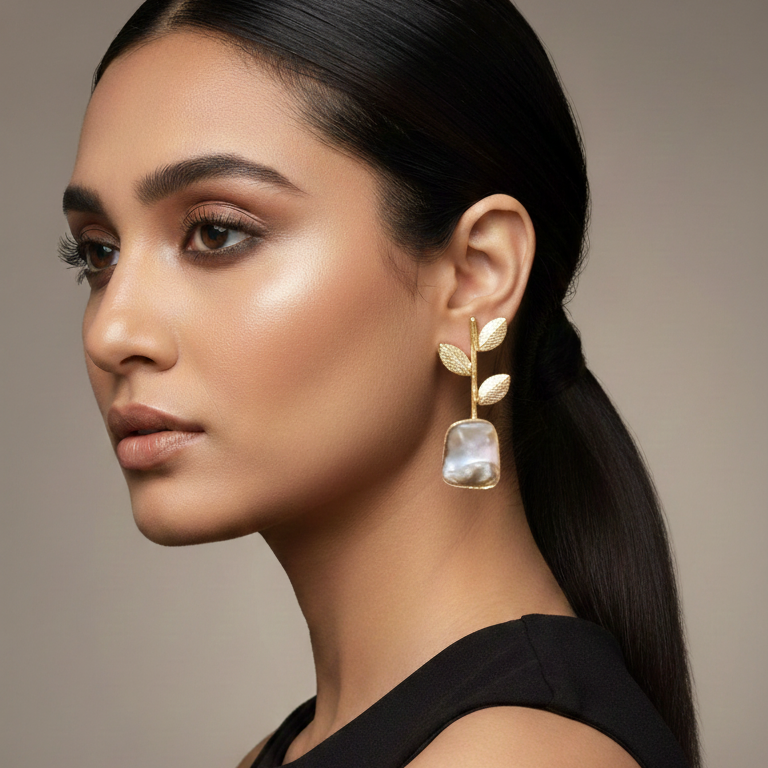 Woman wearing natural stone drop leaf earrings 
