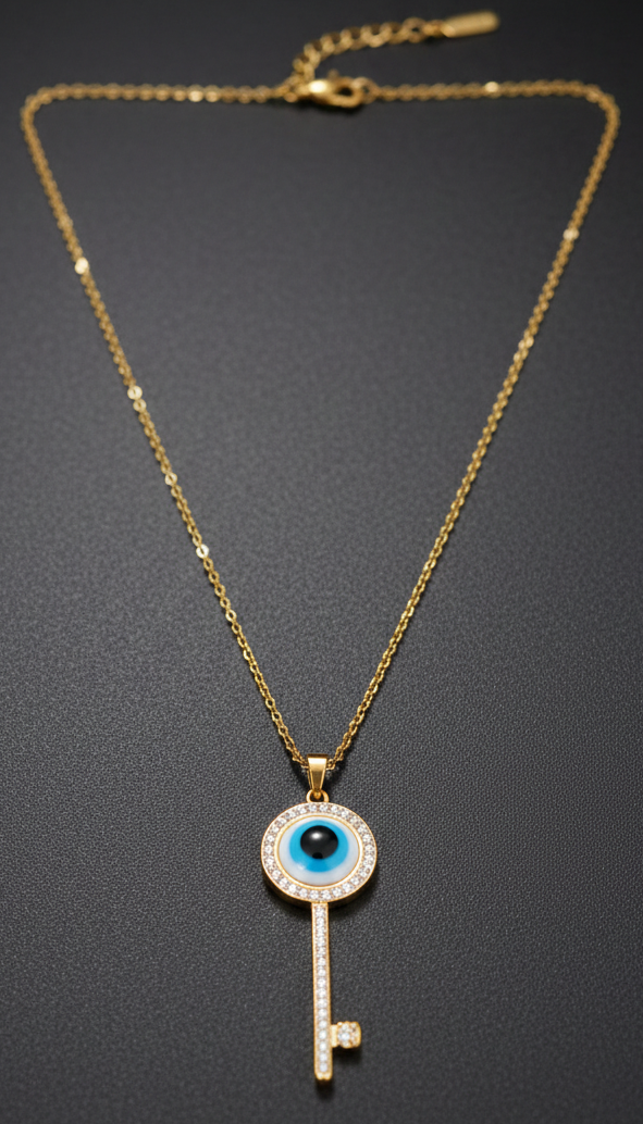 Gold necklace with a key-shaped pendant featuring an evil eye design on a dark background