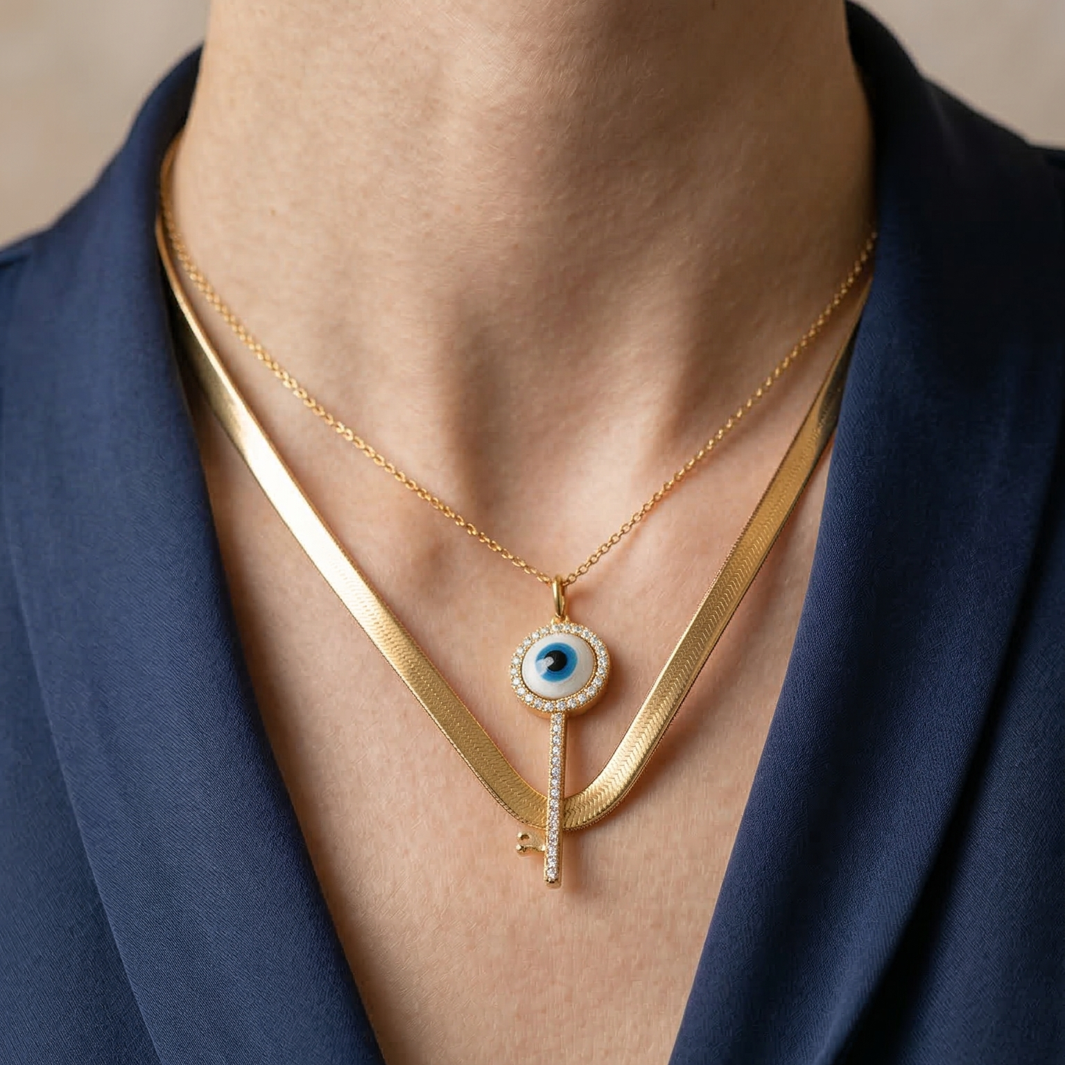 Minimalist gold hasli with evil eye pendant stack for professional women worn by a person in a blue outfit.