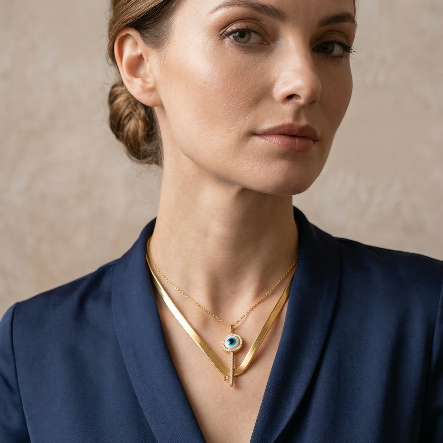 Woman wearing a minimalist gold hasli stack for professional women