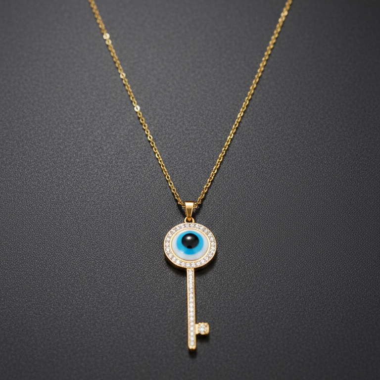 Gold necklace with a key-shaped pendant featuring anevil  eye design on a dark background