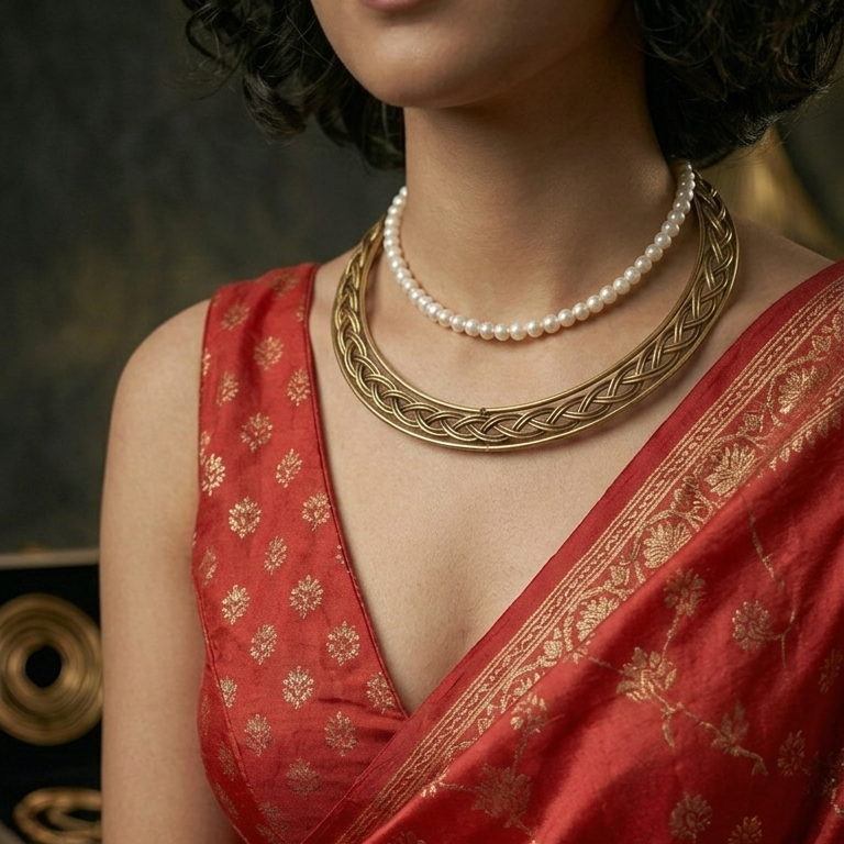 A woman wearing Elegant Hasli necklace stack featuring layered designs and high-quality metal finish with pearl necklace