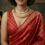 Woman wearing elegant hasli & pearl necklace stack complementing both ethnic and western wear.
