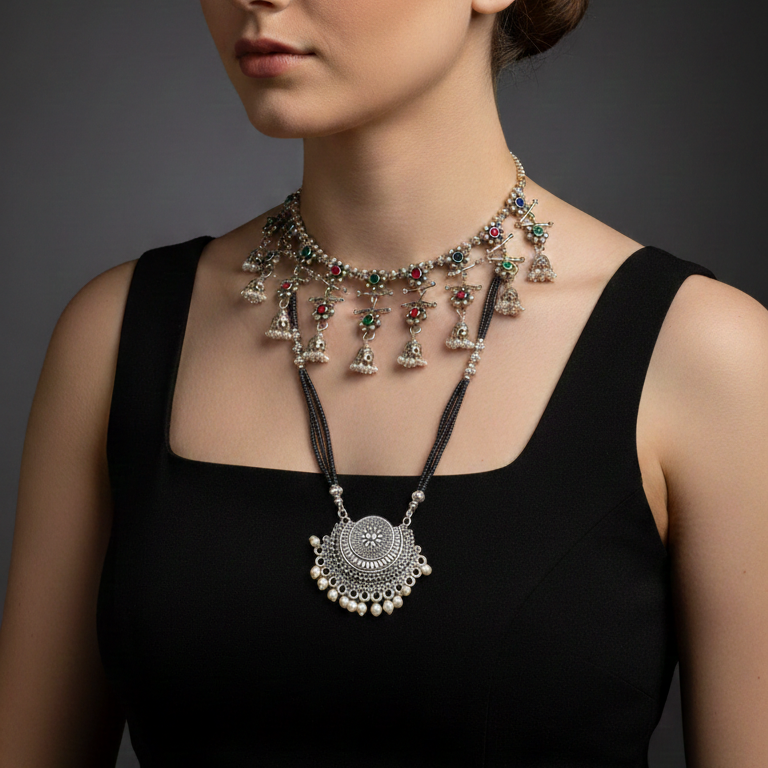 Woman wearing a Elegant choker and long necklace set in silver oxidised metal