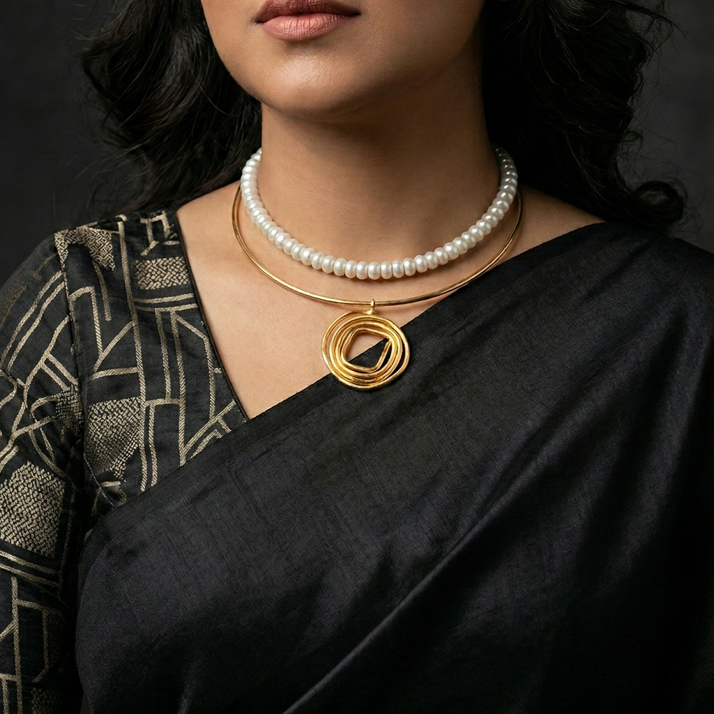 Woman wearing a black saree with minimalist jewelry stack featuring delicate gold hasli & a pearl necklace ideal for office wear.