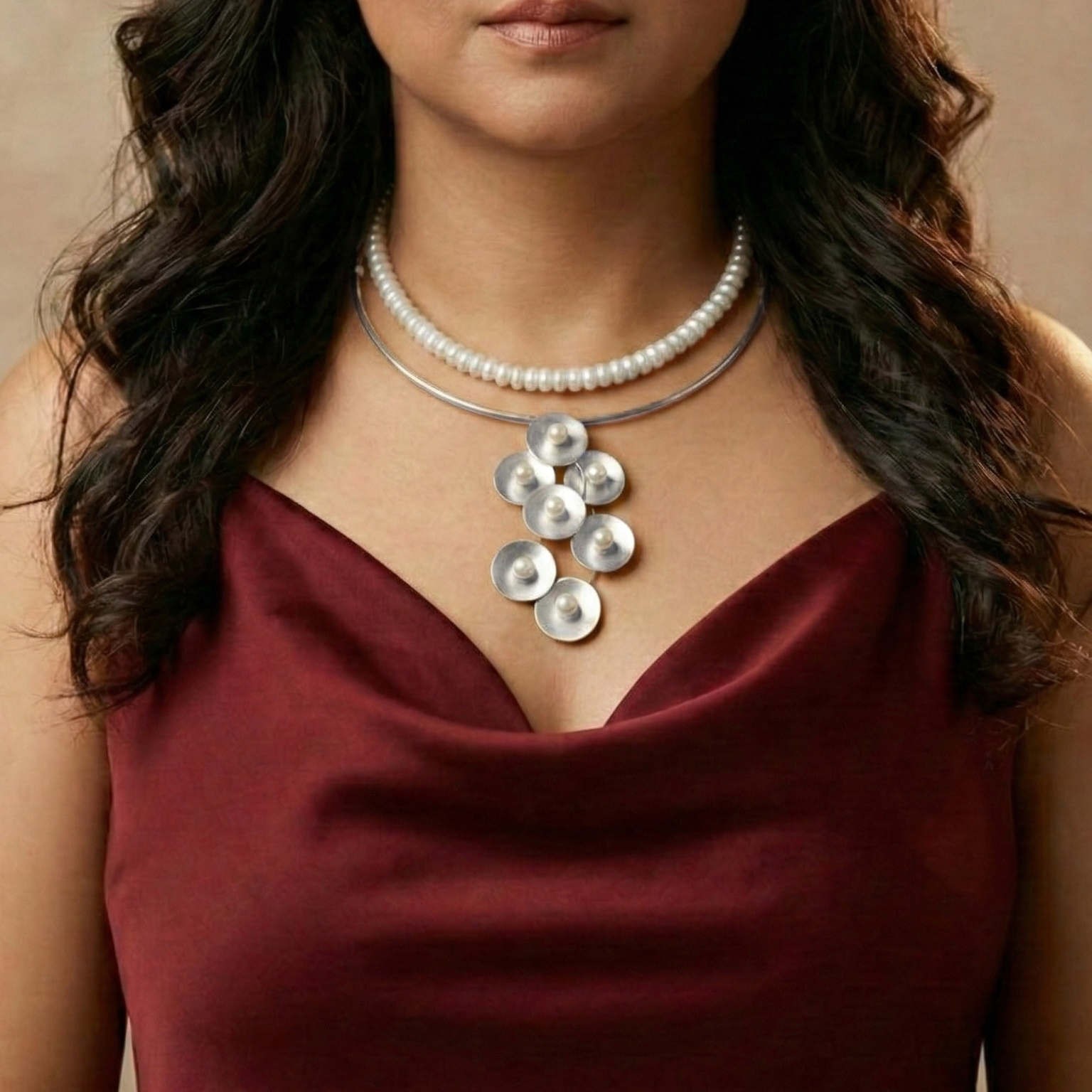 Woman wearing a trendy and affordable handcrafted hasli & pearl necklace stack