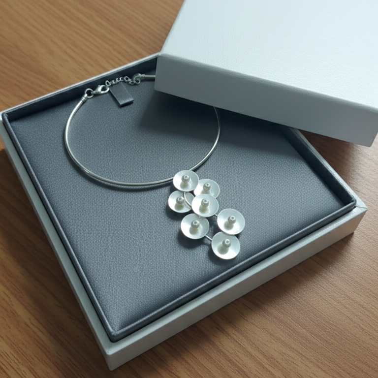 Silver hasli necklace with clear beads in an open box on a wooden surface
